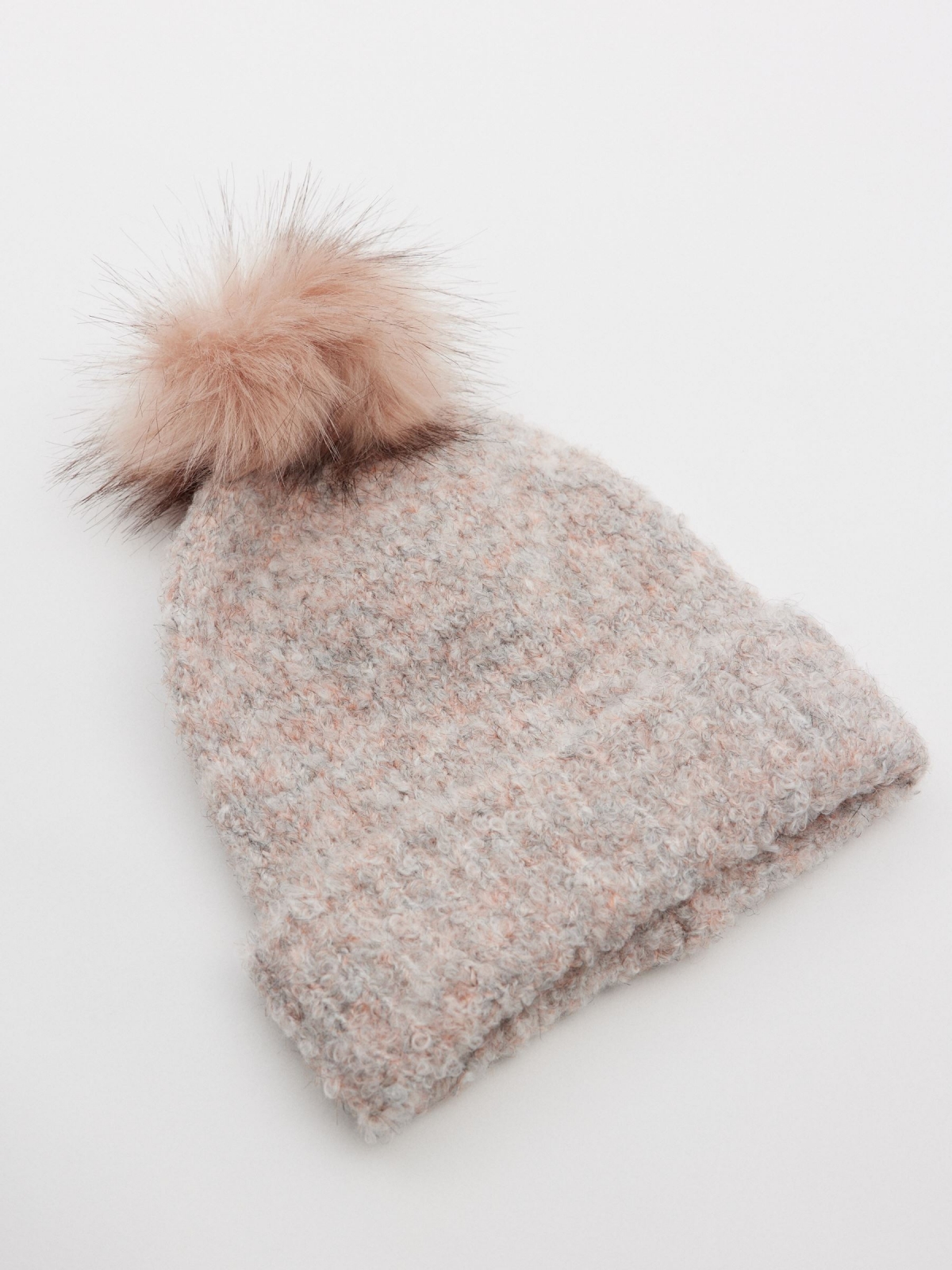 Multicolored hat with pompom pink 45º middle back view