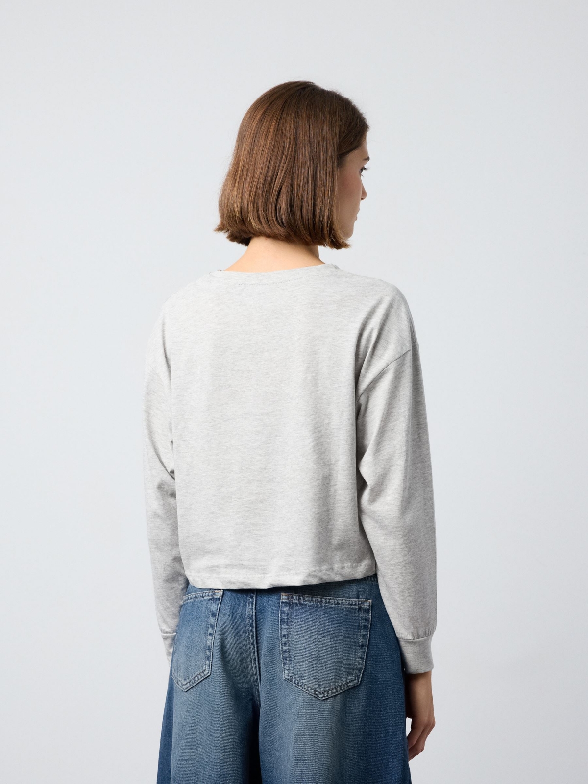 Cropped college t-shirt light grey middle back view