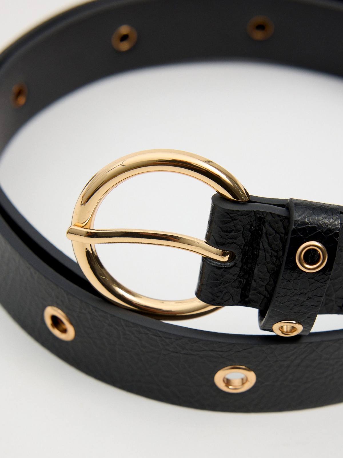 Gold eyelets leather effect belt black detail view