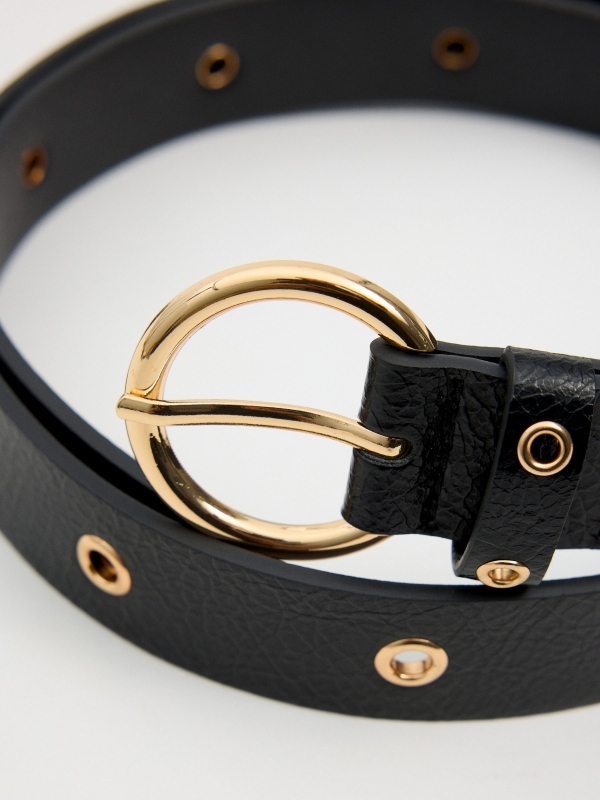 Gold eyelets leather effect belt black detail view