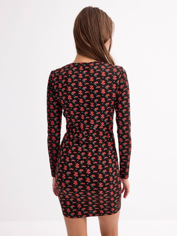 Printed short combined dress black middle back view