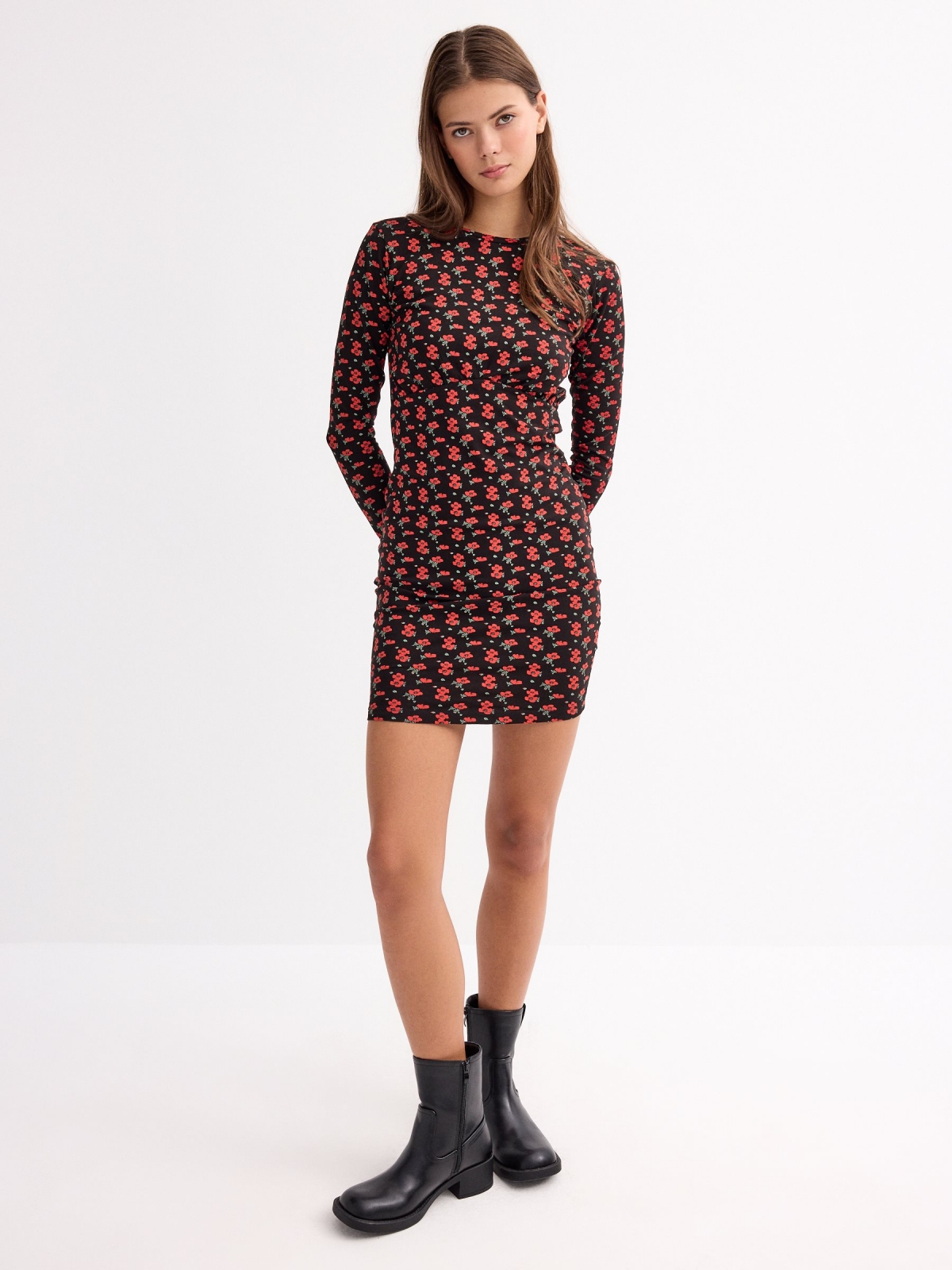 Printed short combined dress black front view