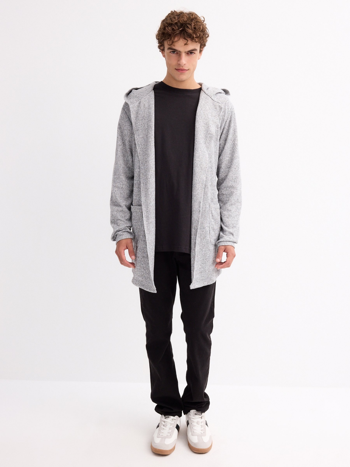 Open jacket with hood grey front view