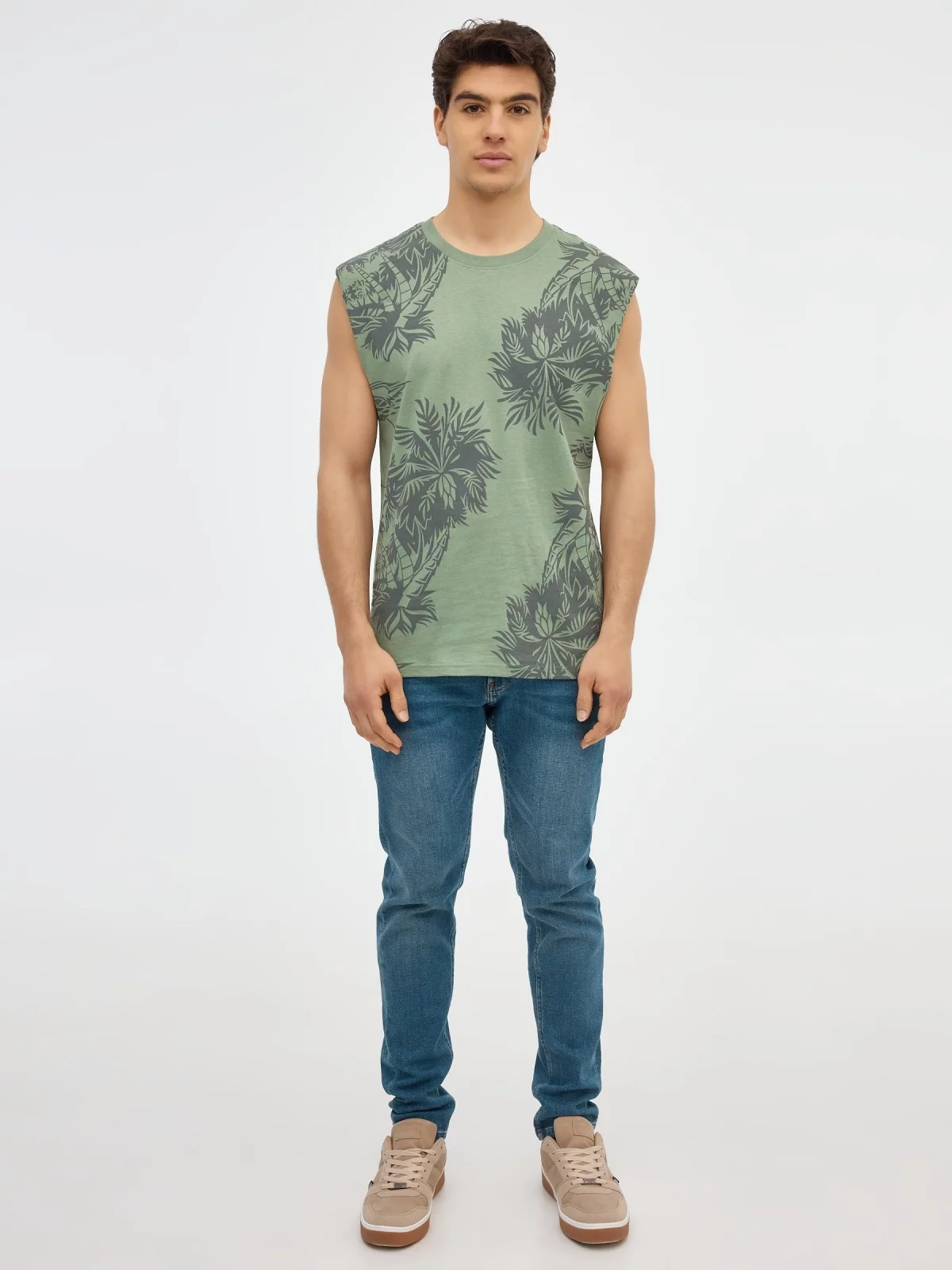 T-shirt print sem mangas verde oliva vista geral frontal