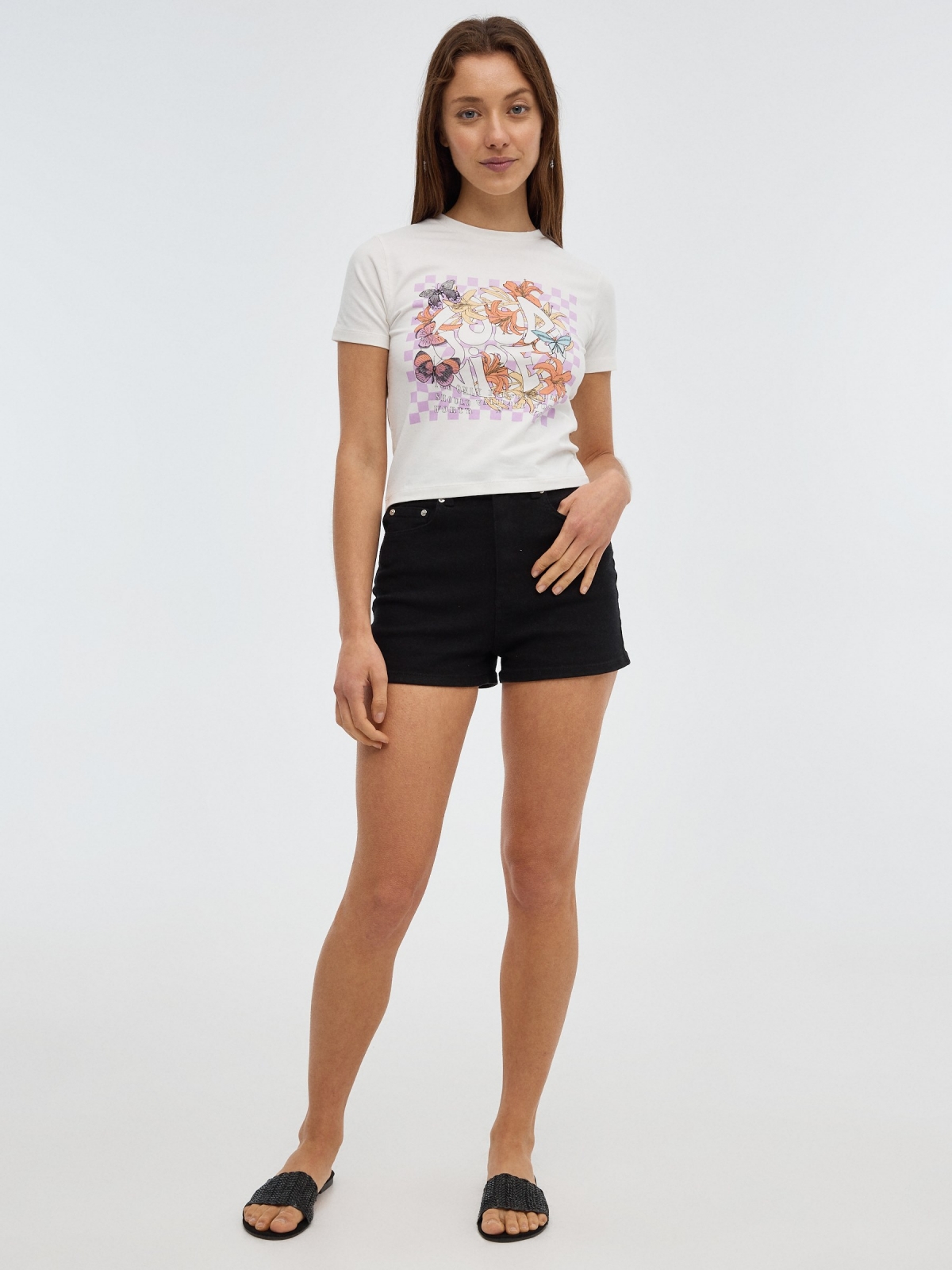 T-shirt crop print de borboletas off white vista geral frontal