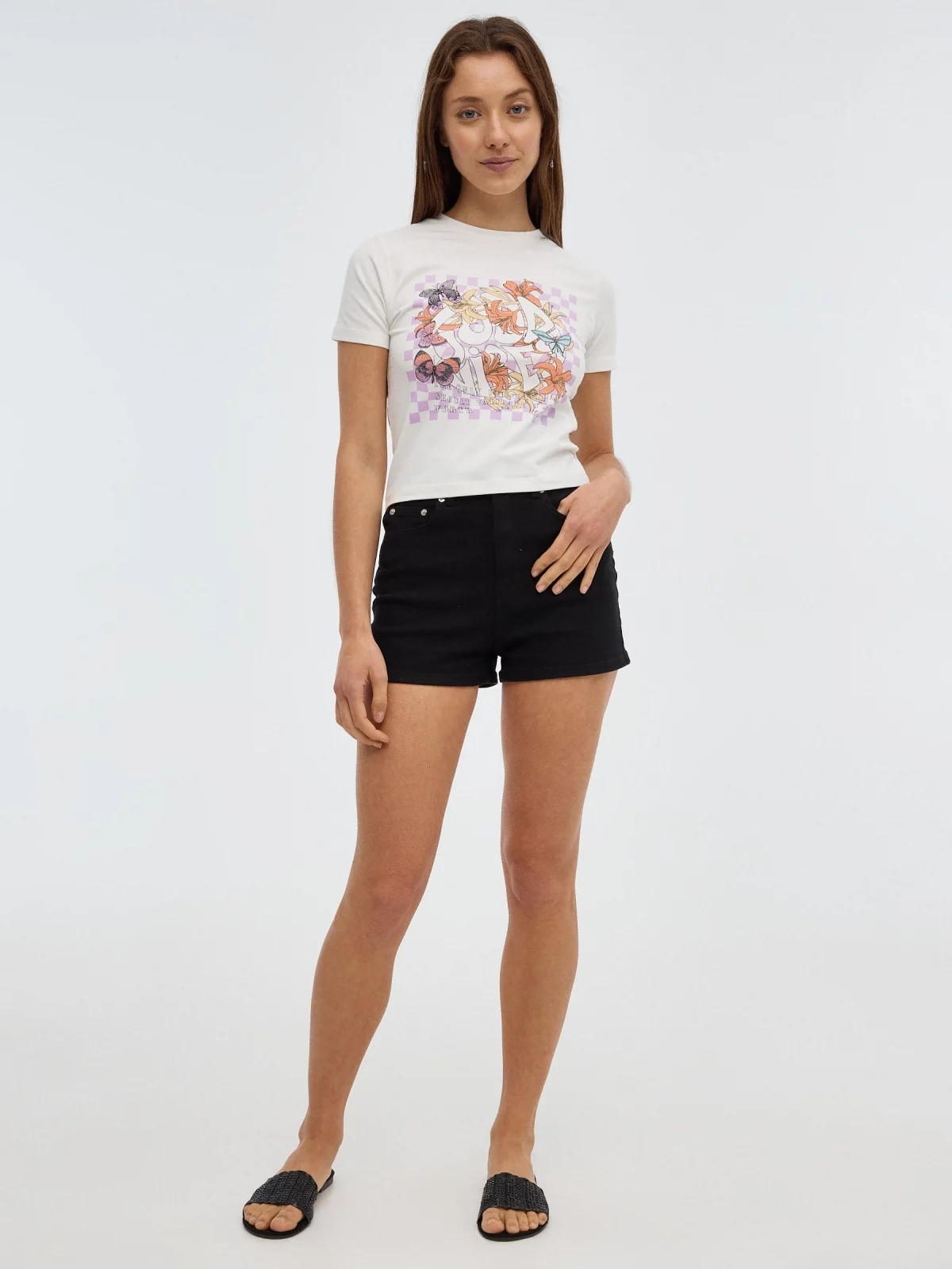 T-shirt crop print de borboletas off white vista geral frontal