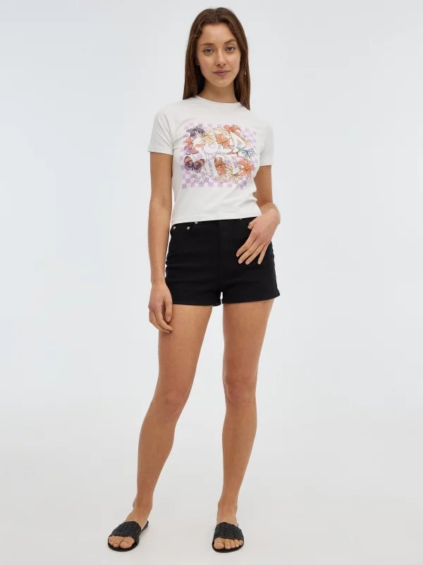 T-shirt crop print de borboletas off white vista geral frontal