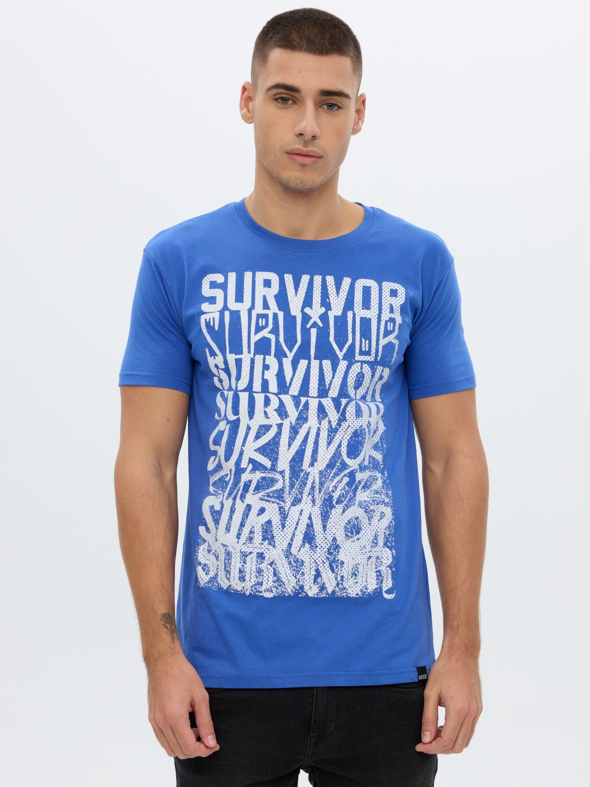 T-shirt printed text electric blue middle front view