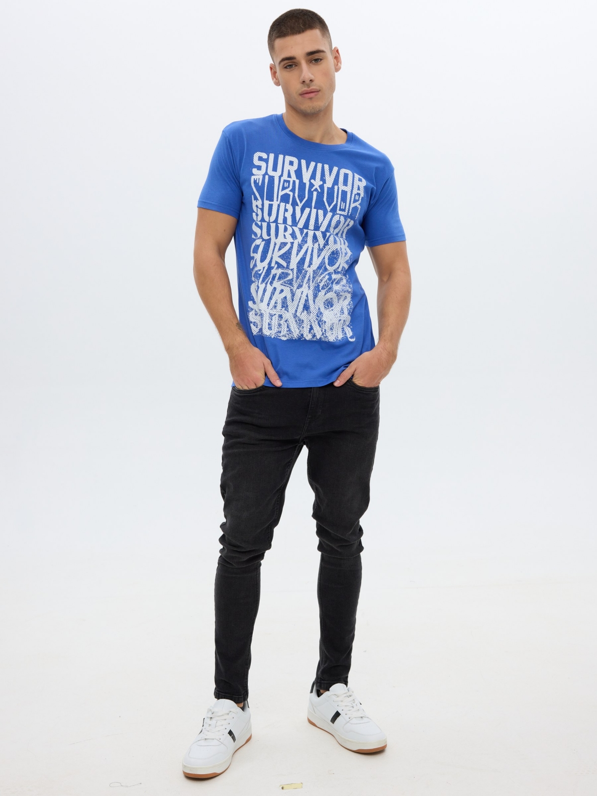 T-shirt printed text electric blue front view