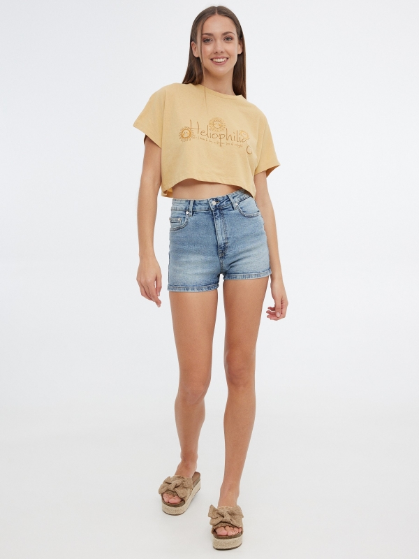 T-shirt crop Heliophilia marrom terra vista geral frontal