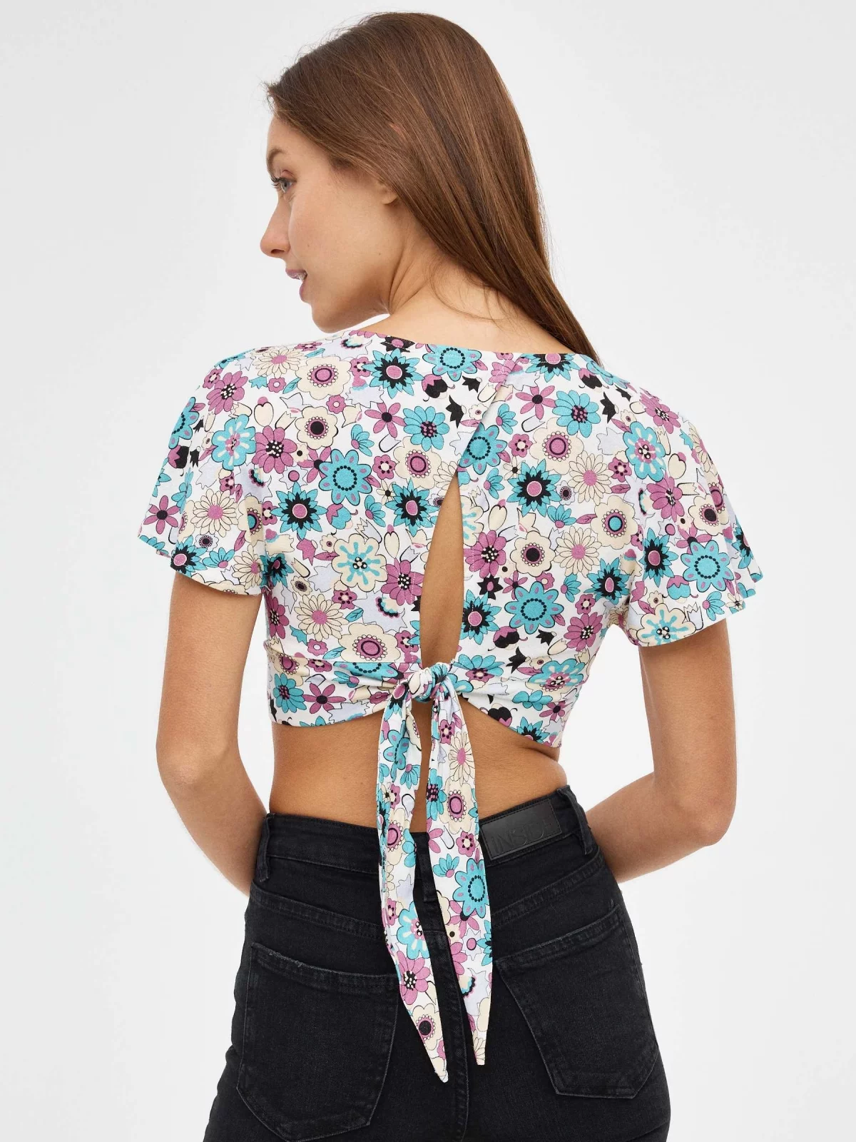 Flower crop top with bow white middle back view