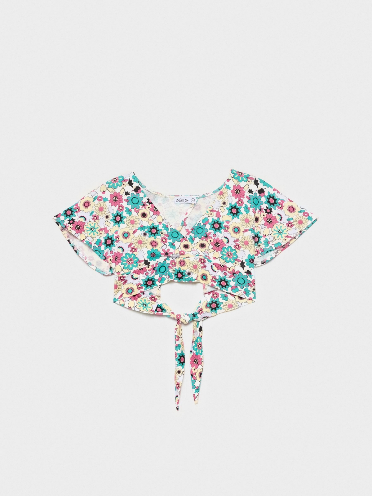  Camiseta crop flores con lazo blanco