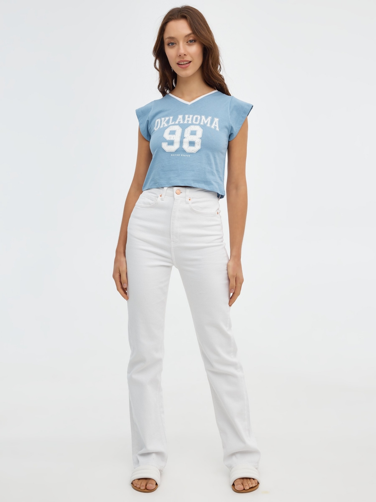 Oklahoma crop top steel blue front view