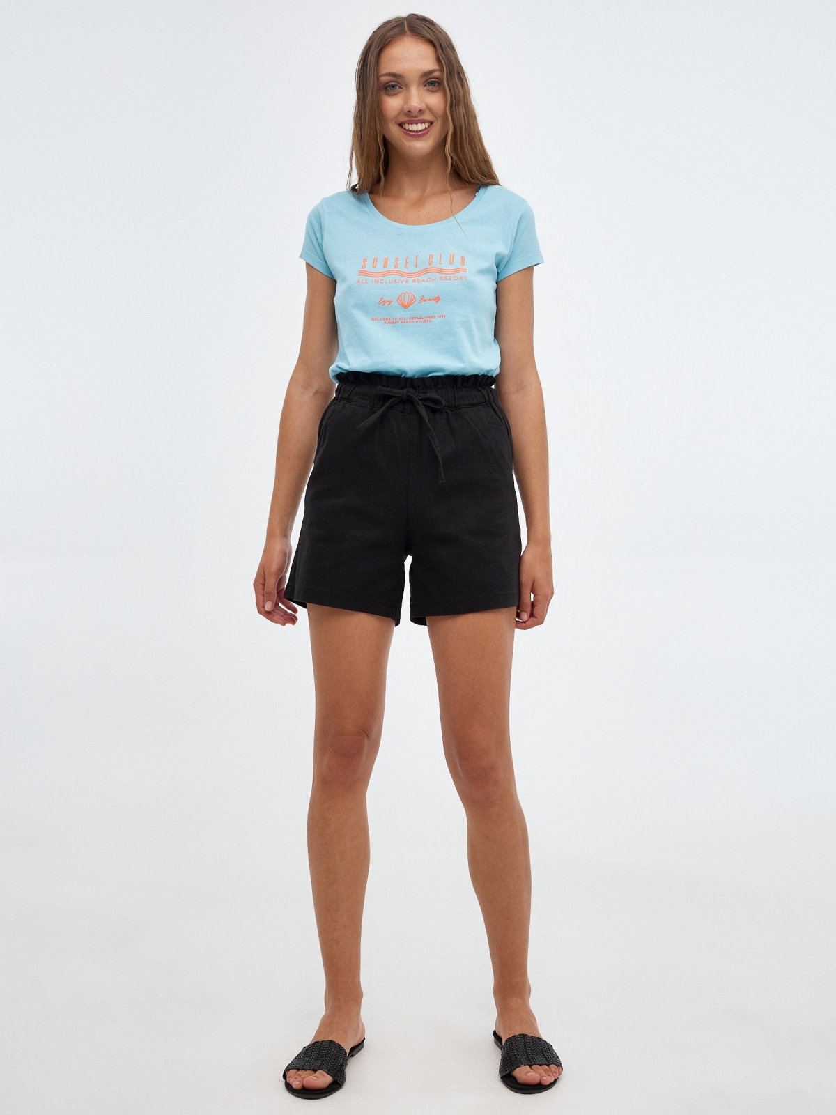 T-shirt crop rib print azul claro vista geral frontal