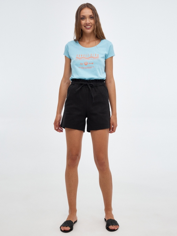 T-shirt crop rib print azul claro vista geral frontal
