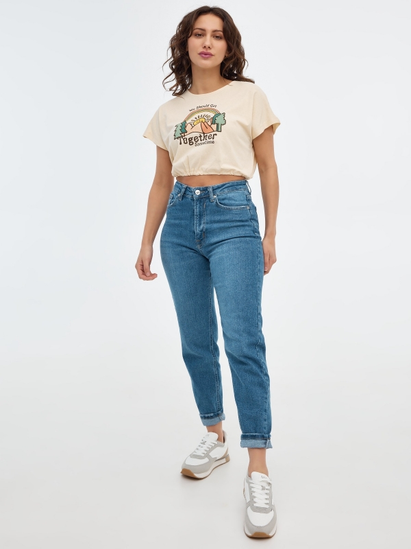 Crop t-shirt com laço Together areia vista geral frontal