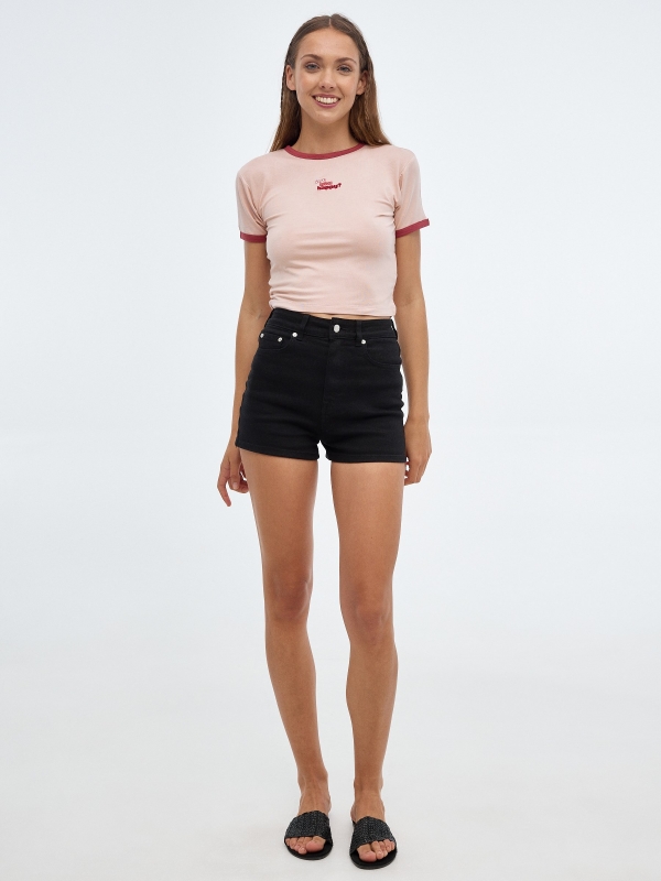 T-shirt crop bordado malva vista geral frontal