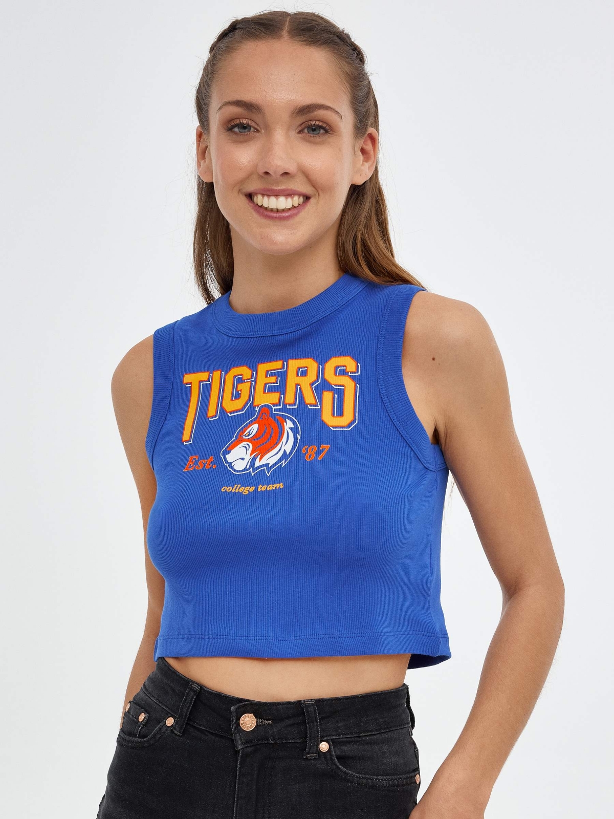 Crop top Tigers azul eléctrico vista meia frontal