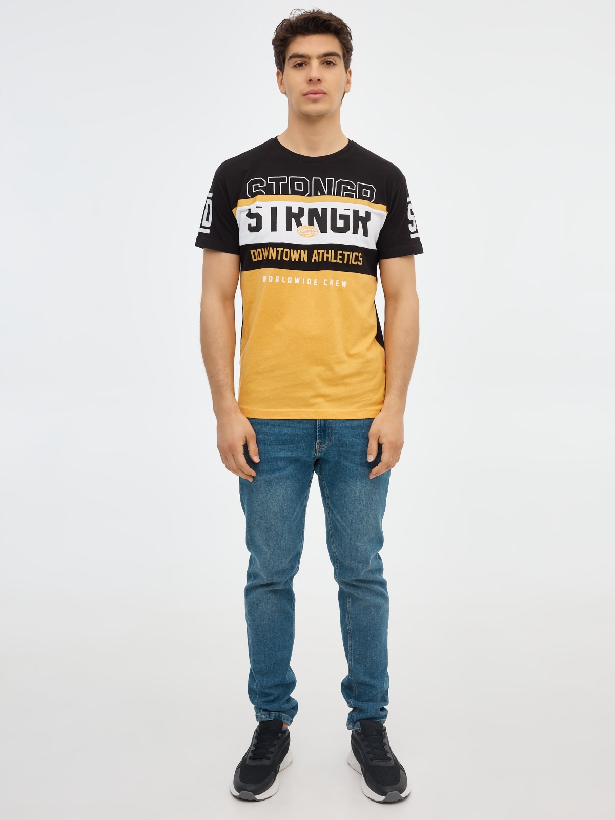 Color block graphic t-shirt black front view