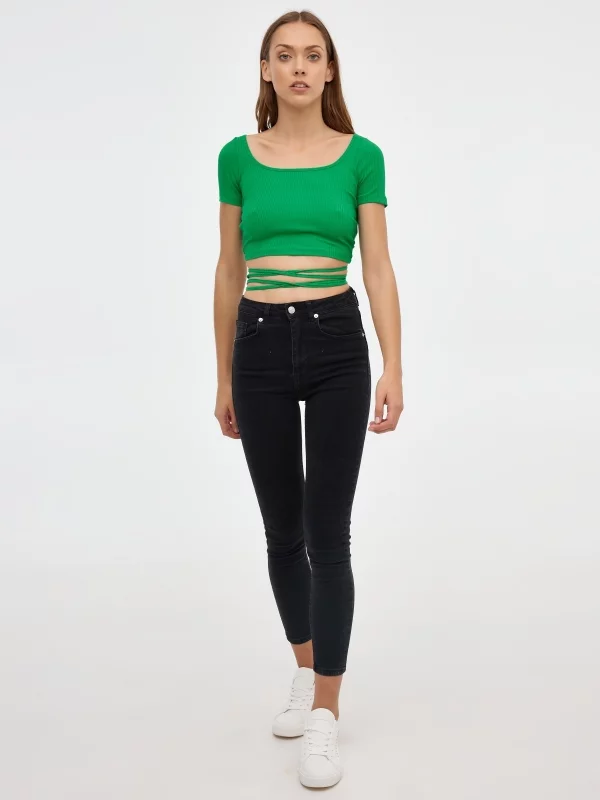 Green striped Crop T-shirt green front view