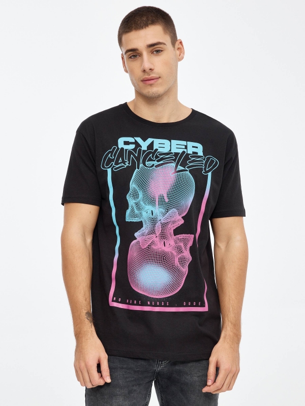 T-shirt com crânio impresso preto vista meia frontal