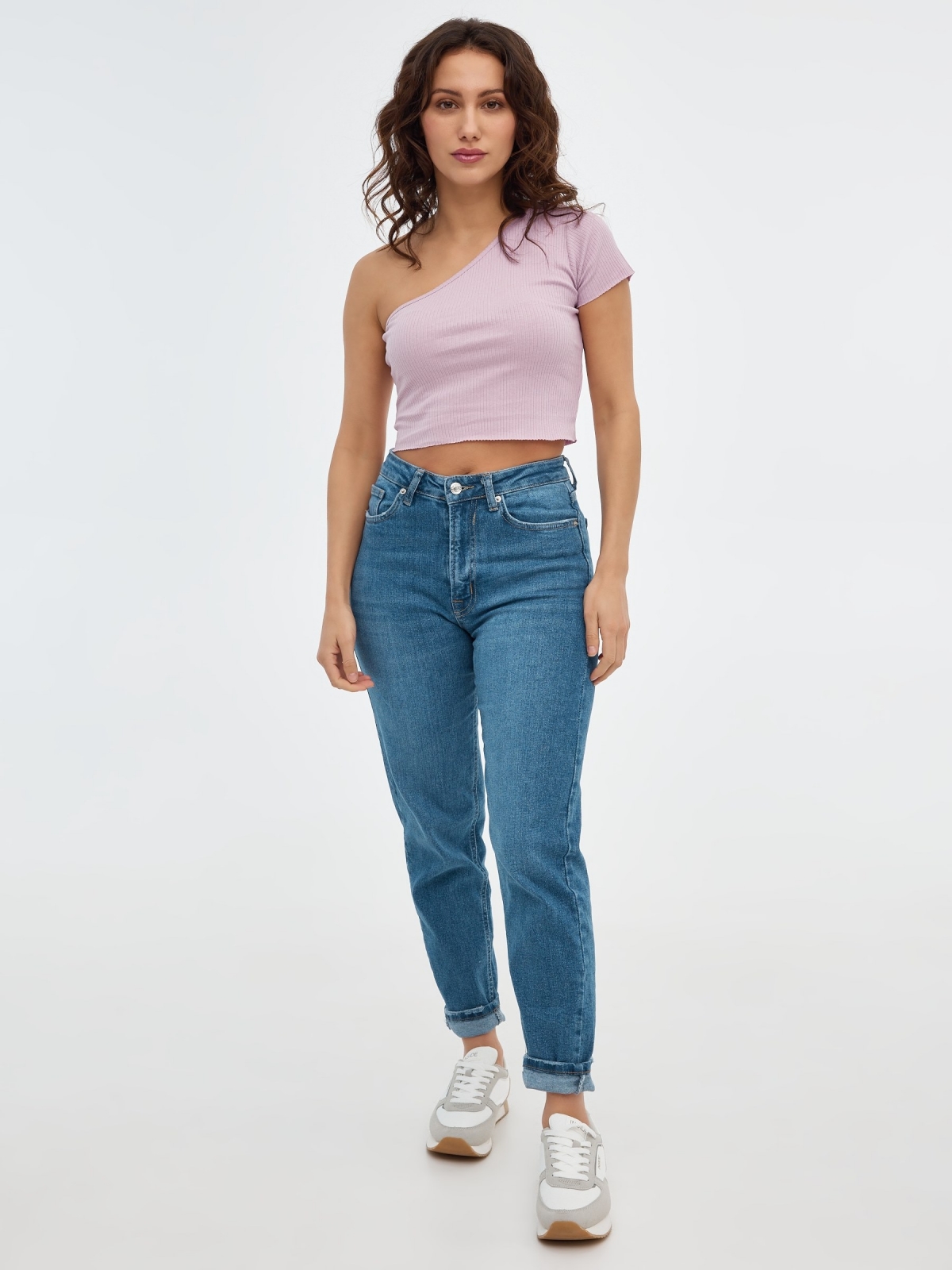 Asymmetrical crop top mauve front view