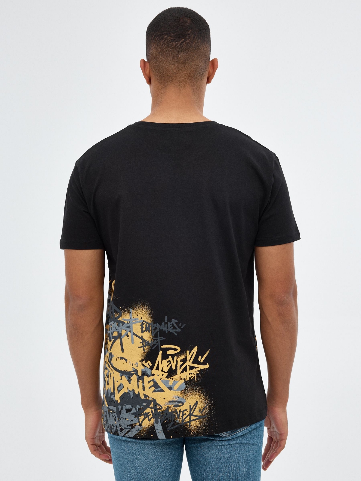 Black t-shirt with graffiti print black middle back view