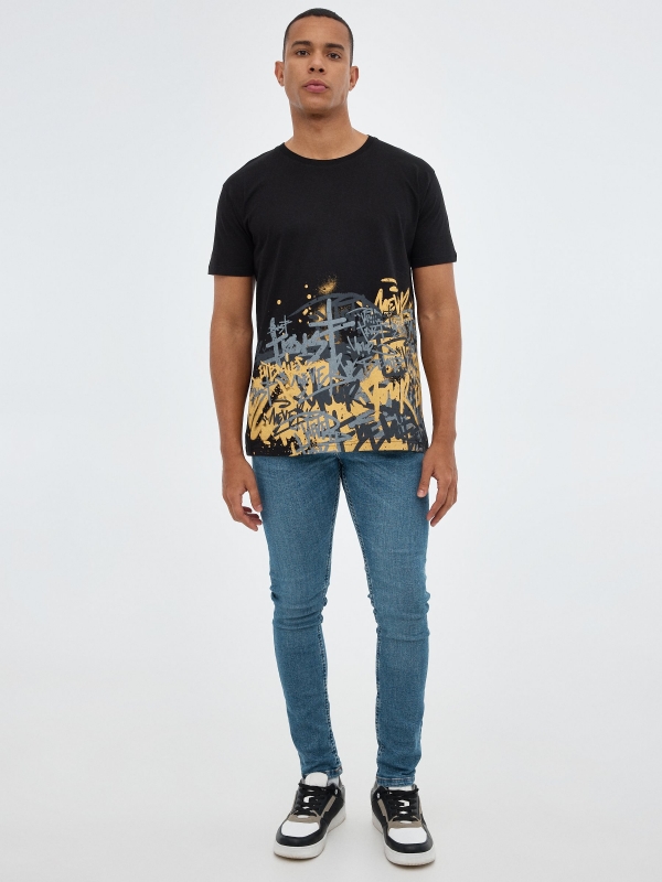 Black t-shirt with graffiti print black front view