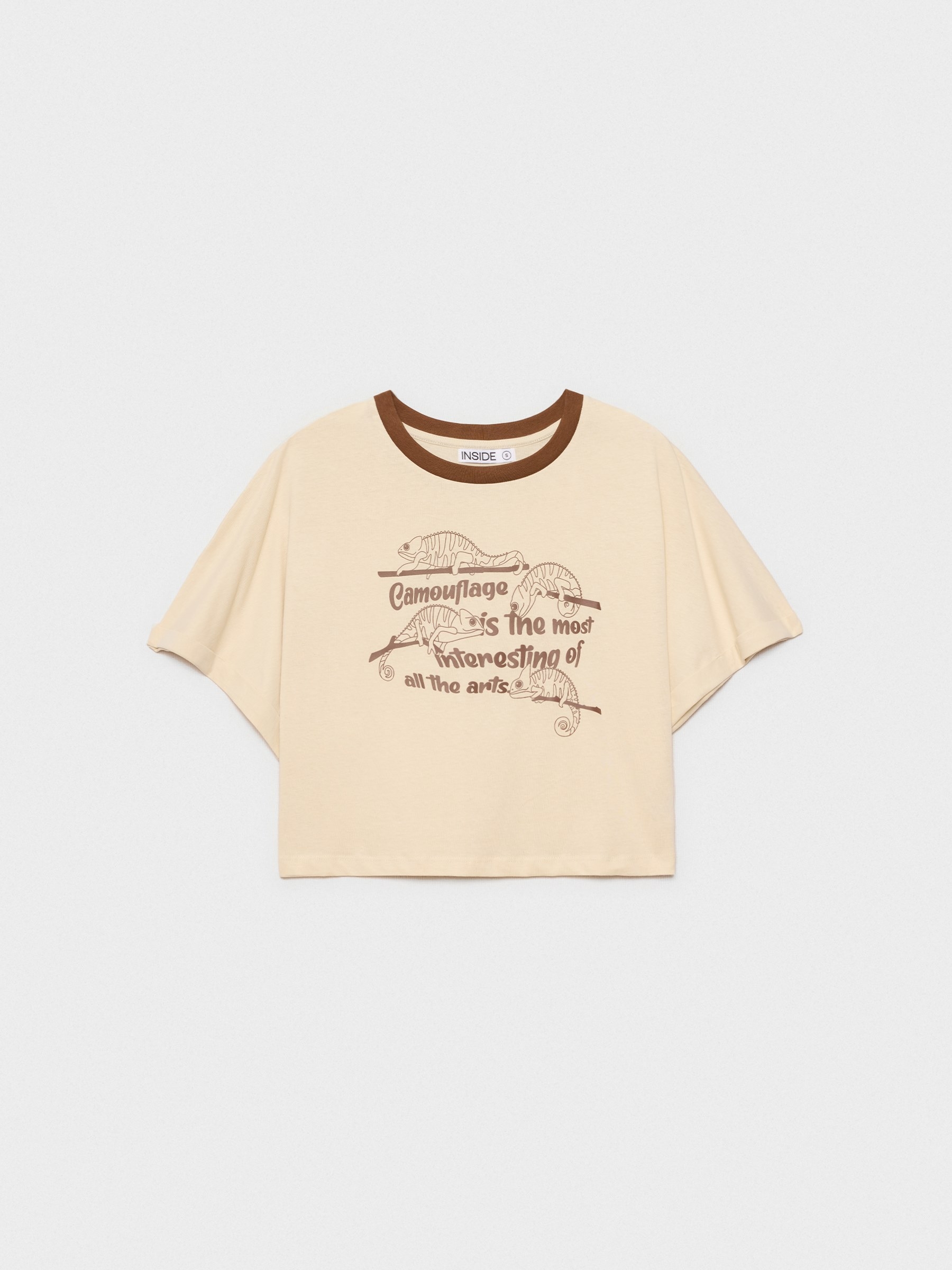 T-shirt crop camaleão areia vista meia frontal