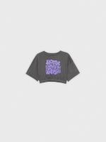 %Pto% Crop printed T-shirt with elastic bands dark grey