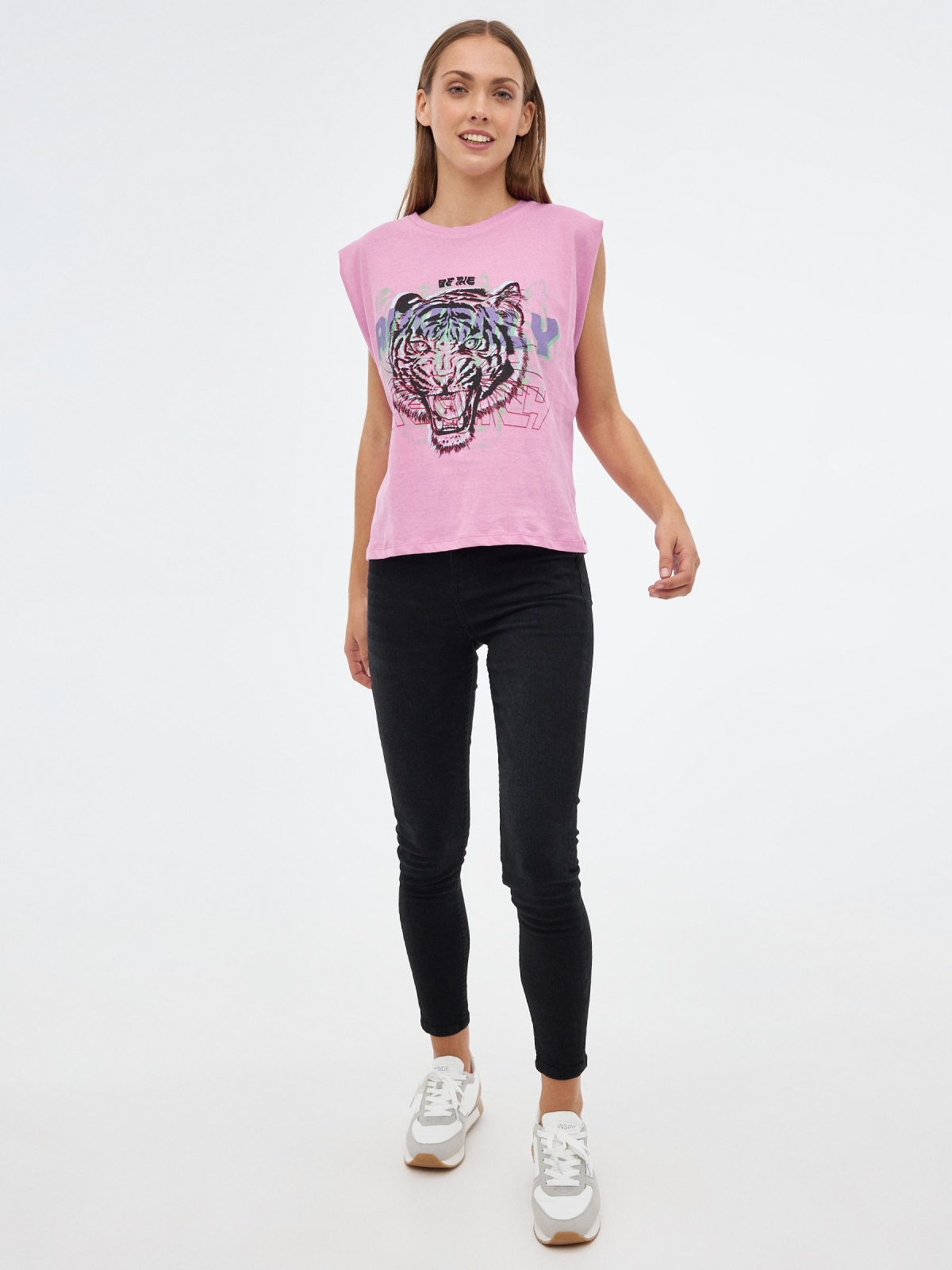 T-shirt de tigre sem mangas magenta vista geral frontal