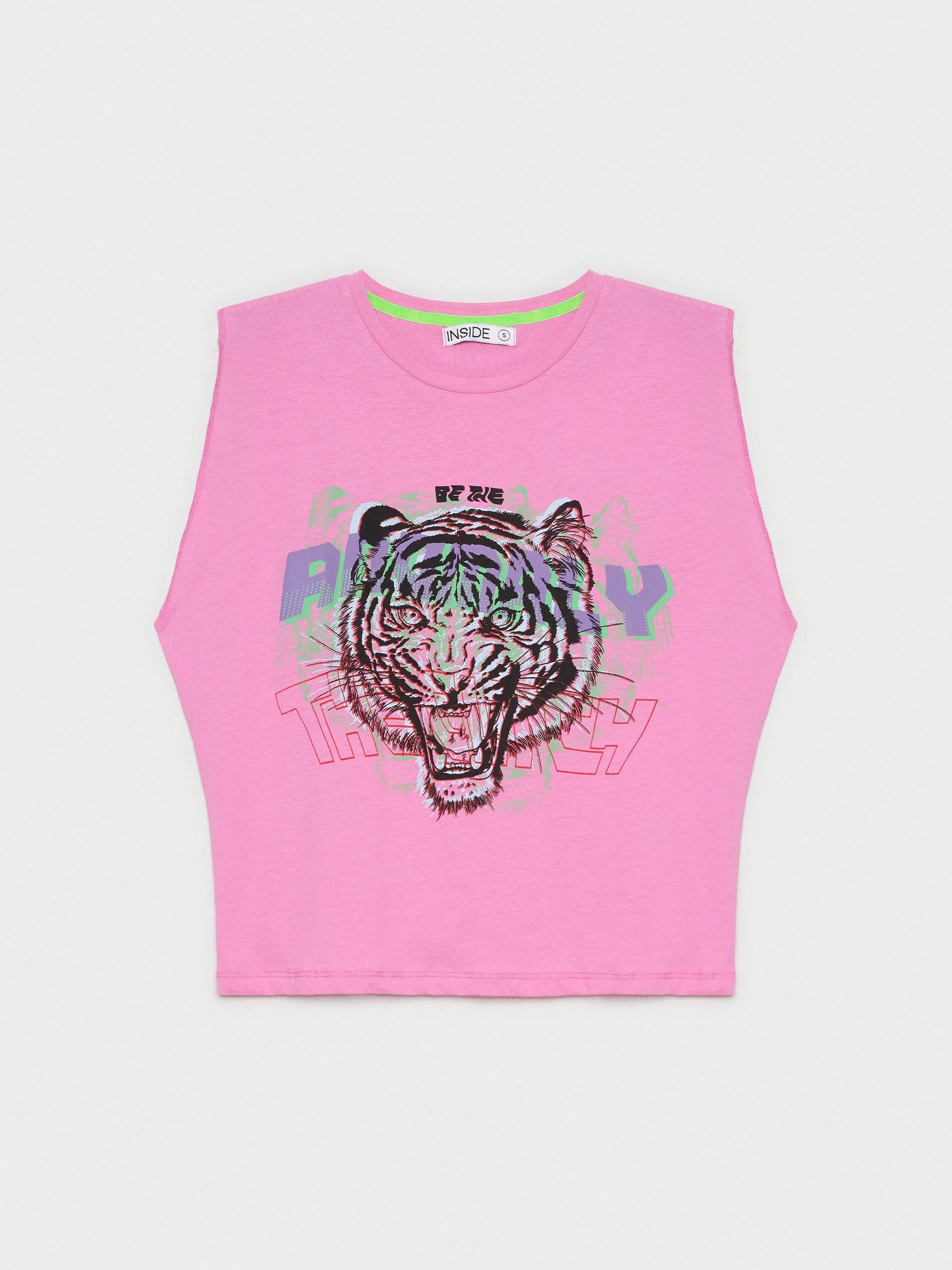 T-shirt de tigre sem mangas magenta vista meia frontal