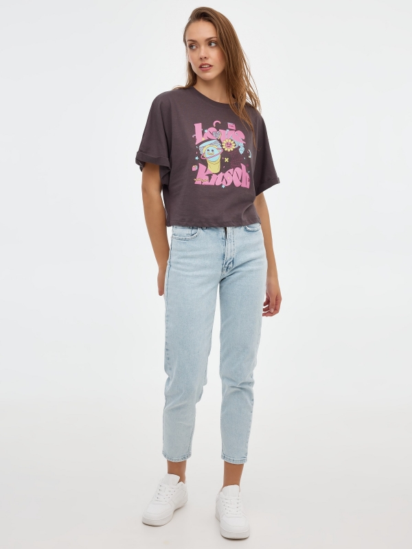 Printed crop top dark grey front view