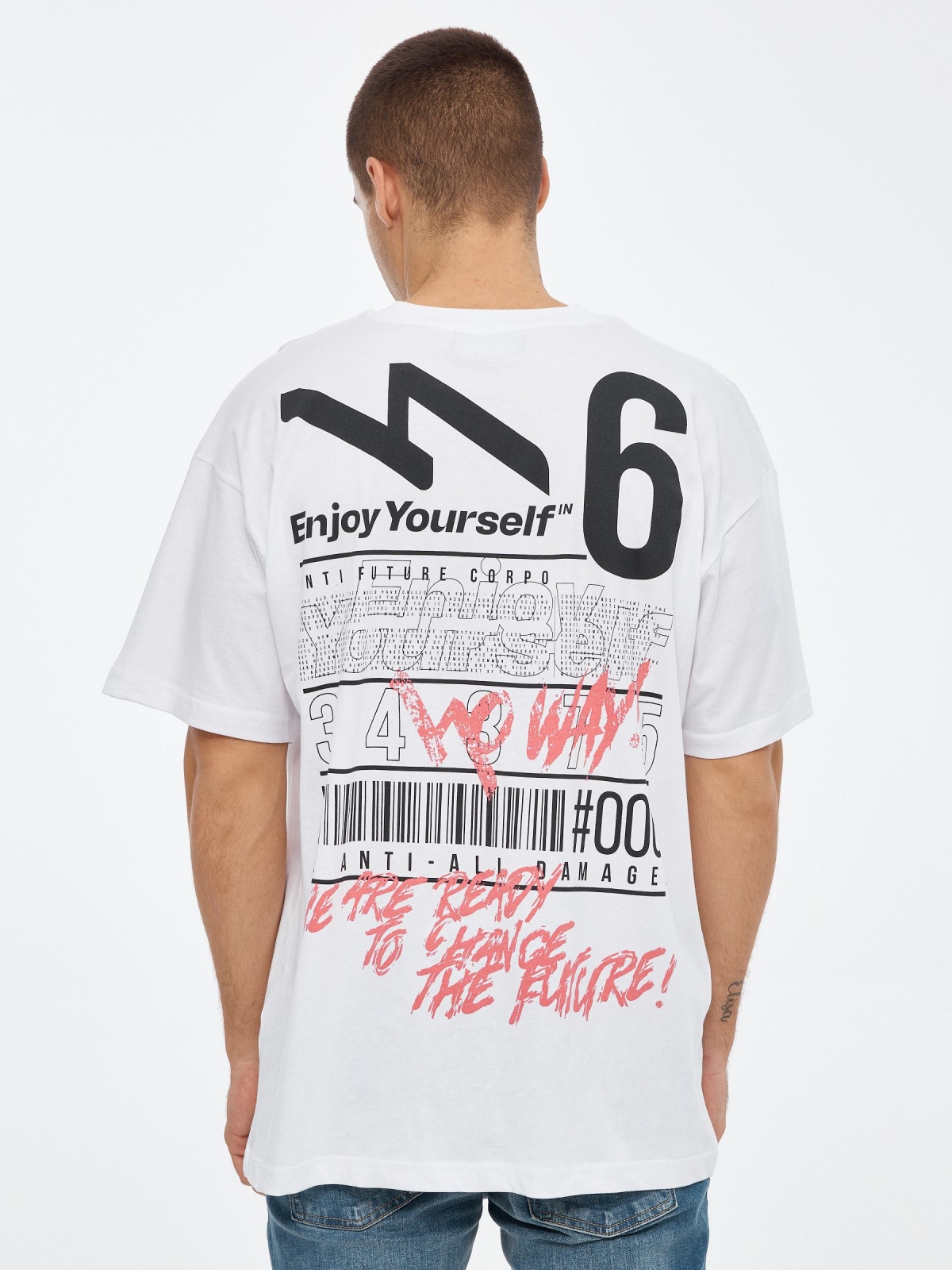 T-shirt com impressão Enjoy Yourself branco vista meia traseira