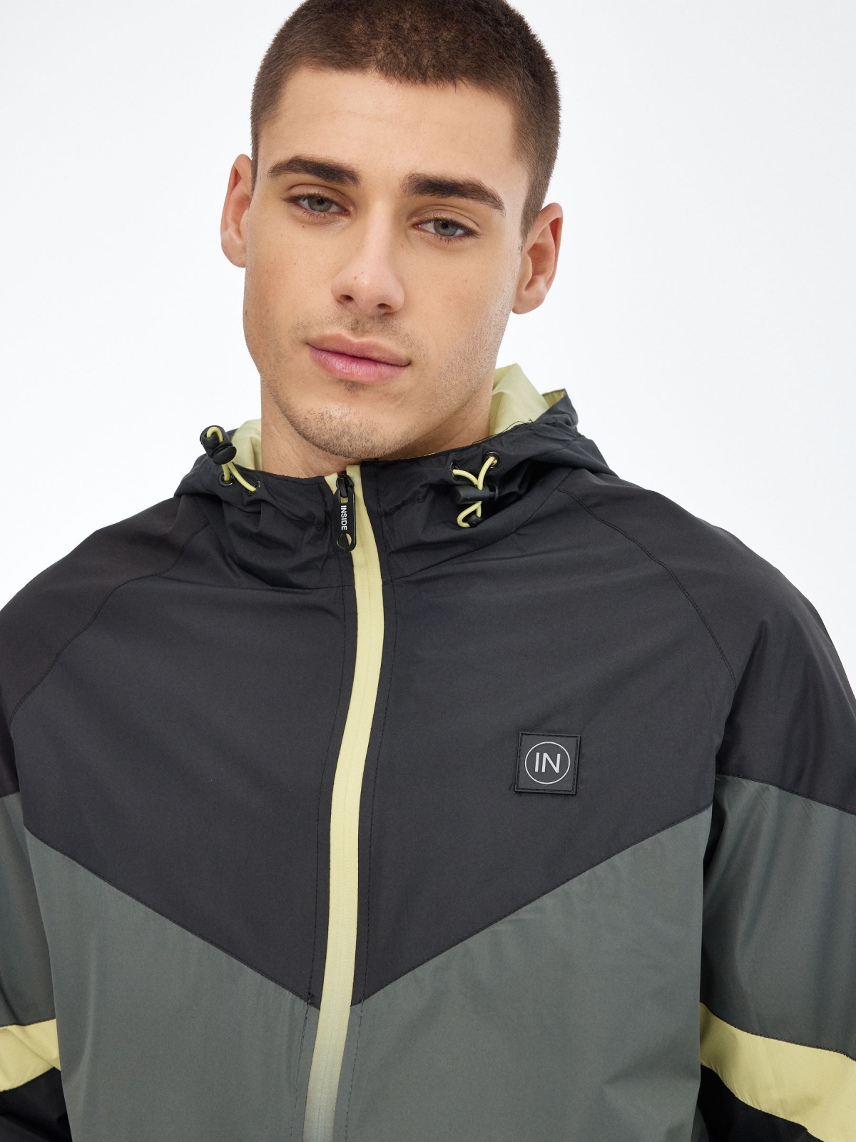 Lightweight hooded jacket dark grey detail view