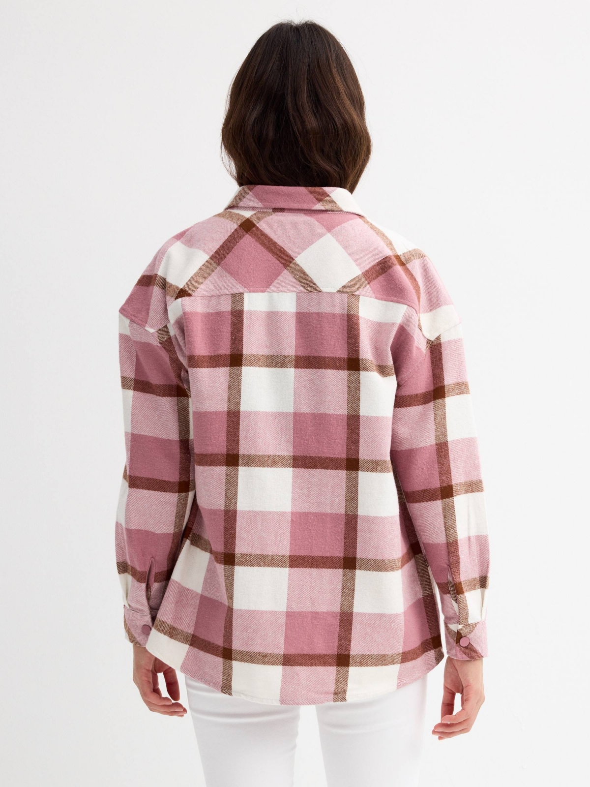 Pink checkered flannel shirt pink middle back view