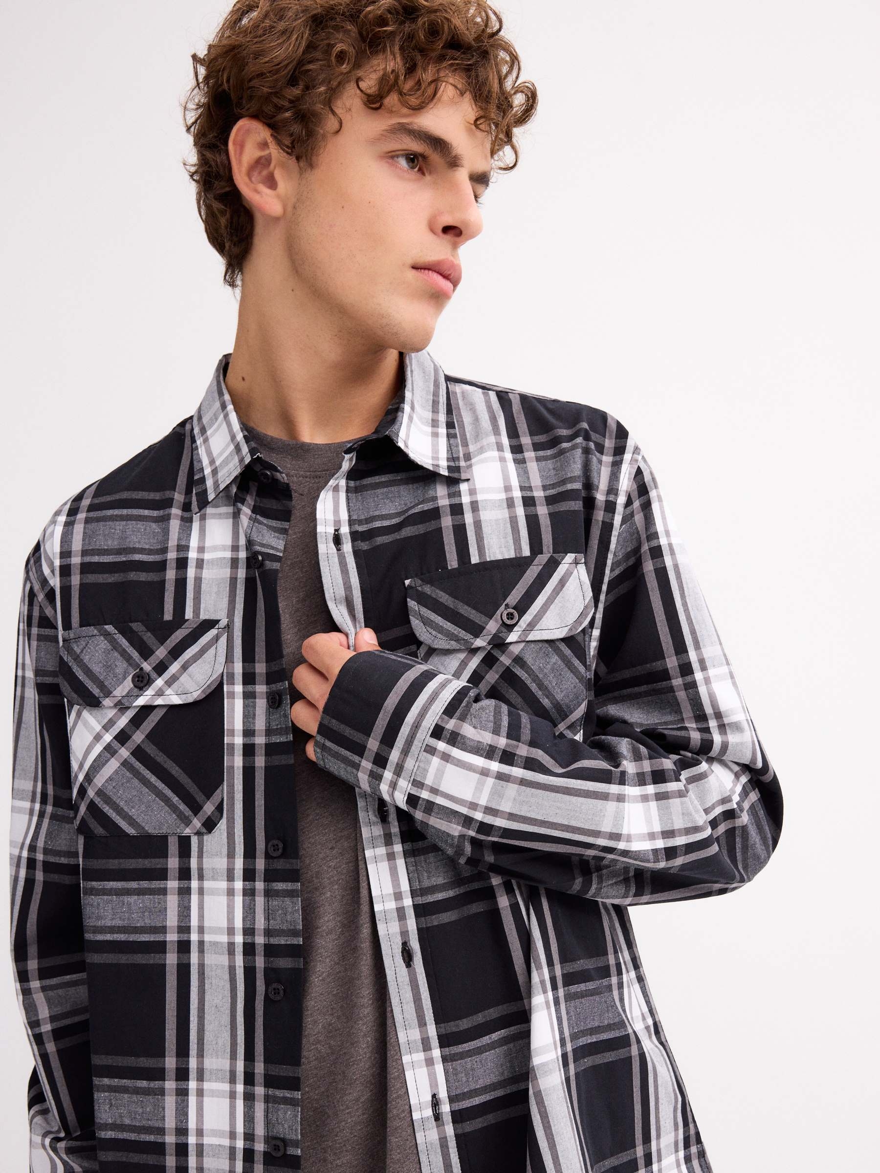 Plush plaid shirt black middle front view