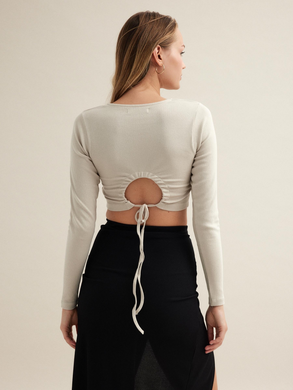 Open lace up back t-shirt taupe middle back view