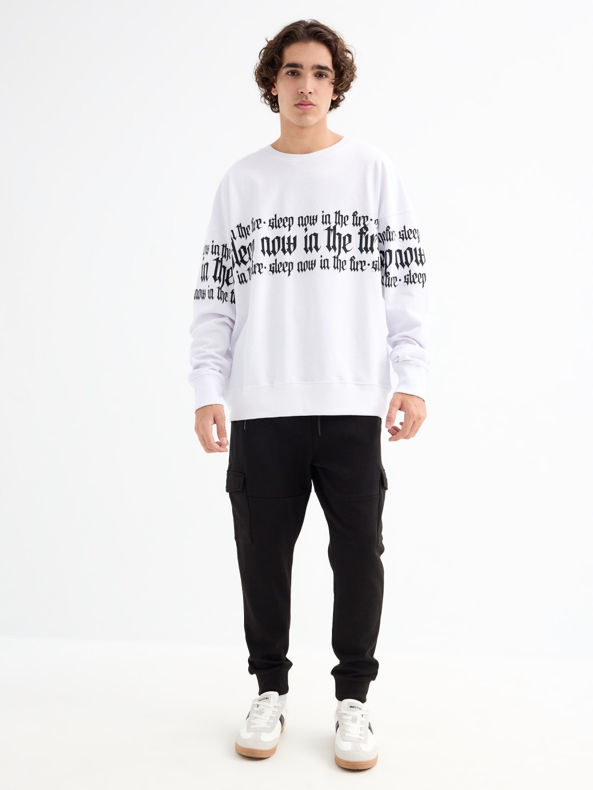 Hoodless sweatshirt with text white general front view