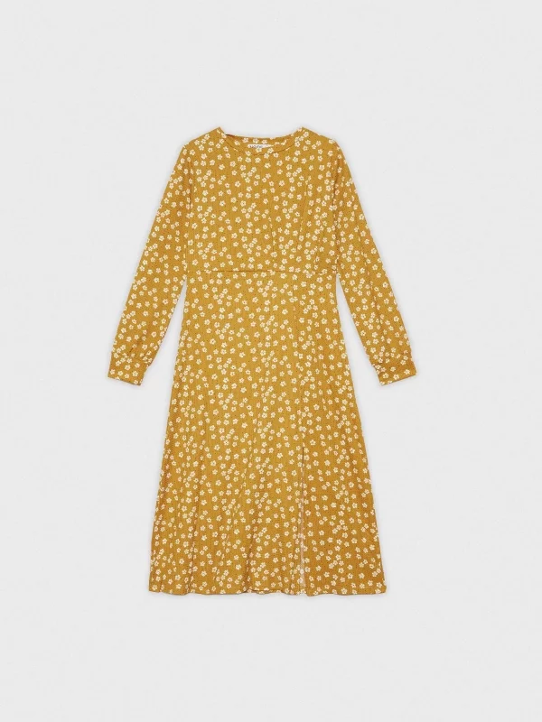 Vestido midi estampado com fenda mostarda