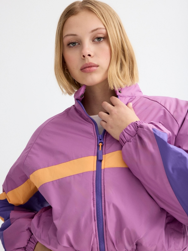 Nylon jacket color block color purple detail view