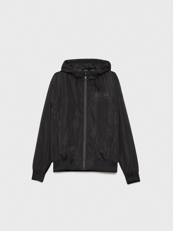 Nylon jacket with hood black detail view