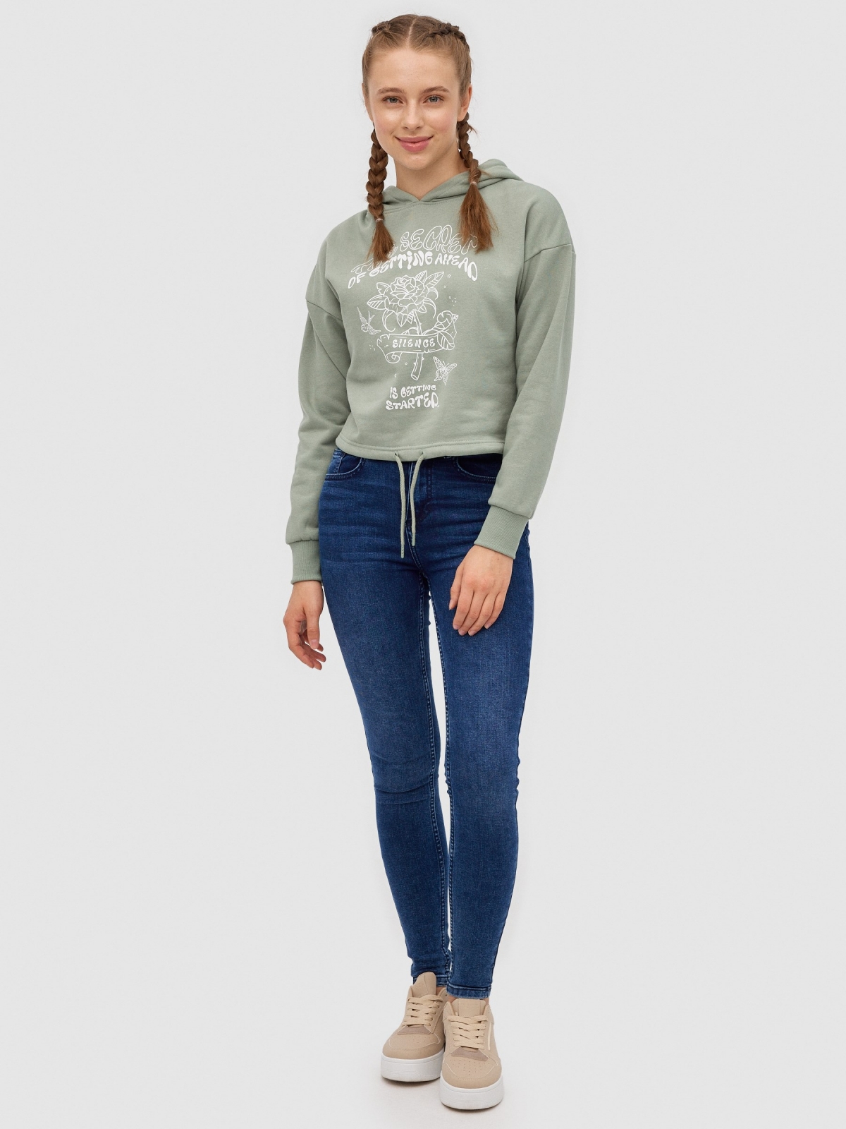 Crop sweatshirt with print greyish green front view