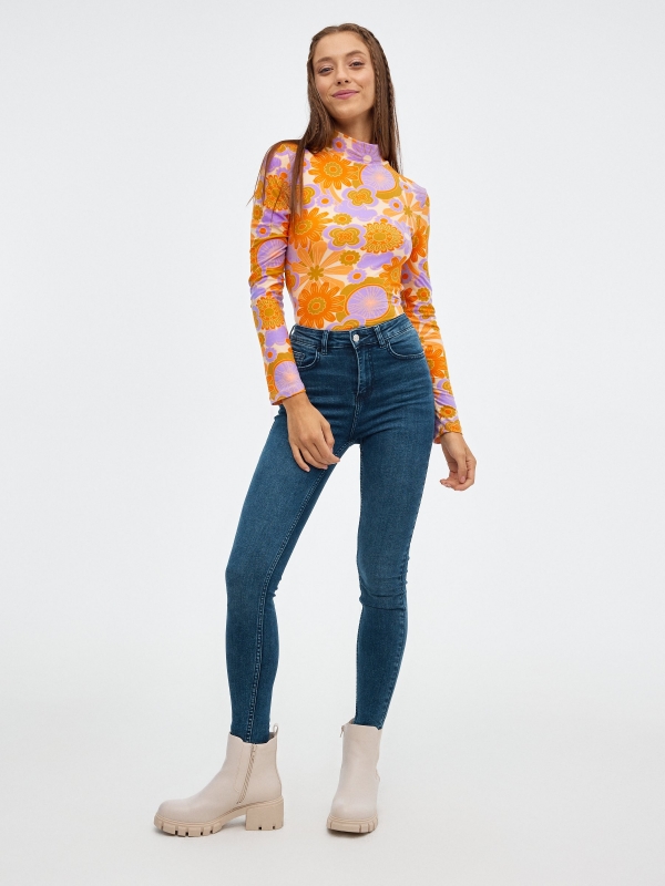 Slim fit flower turtleneck t-shirt multicolor front view