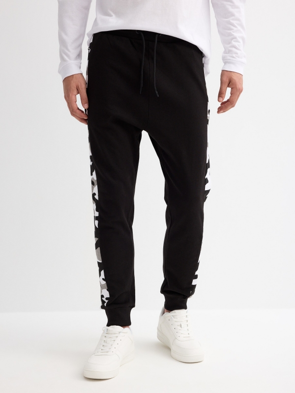 Camouflage fleece jogger pants black middle front view