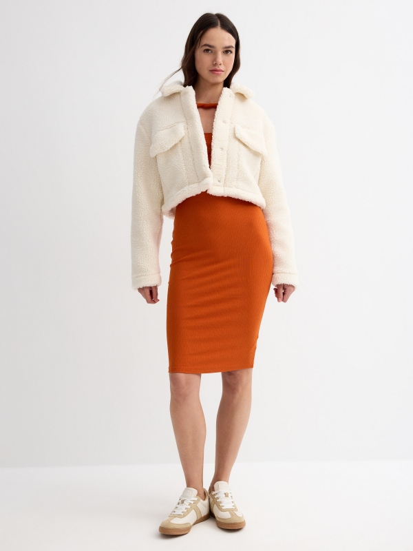 Lambskin crop coat beige general front view