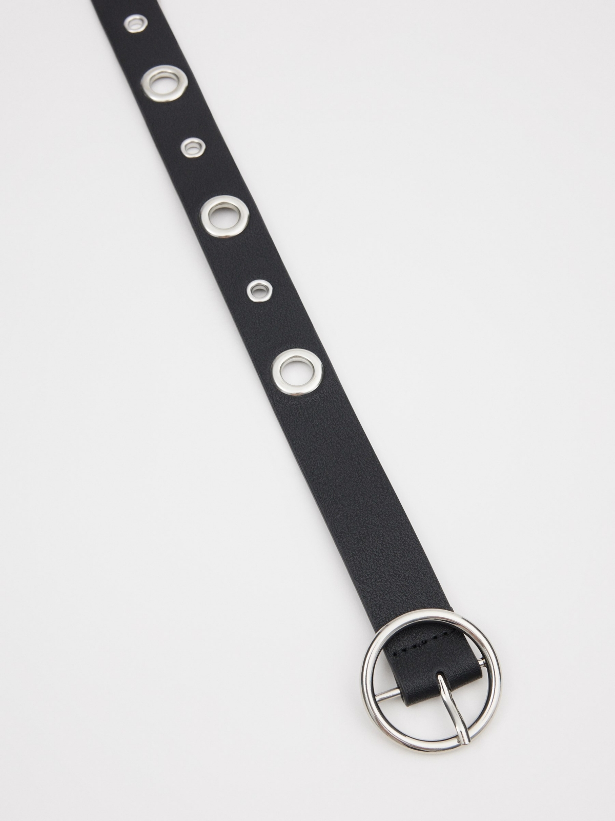 Studded round buckle belt black detail view