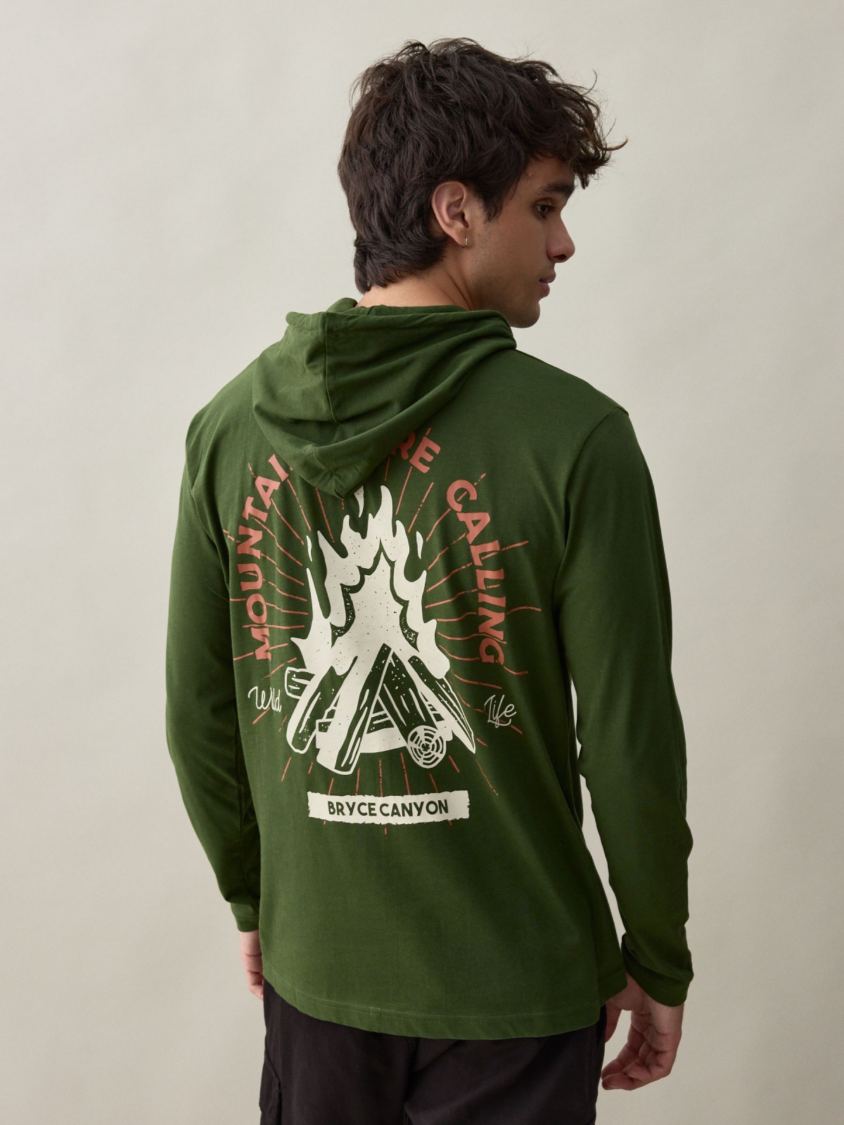 Mountains hooded T-shirt dark green middle back view