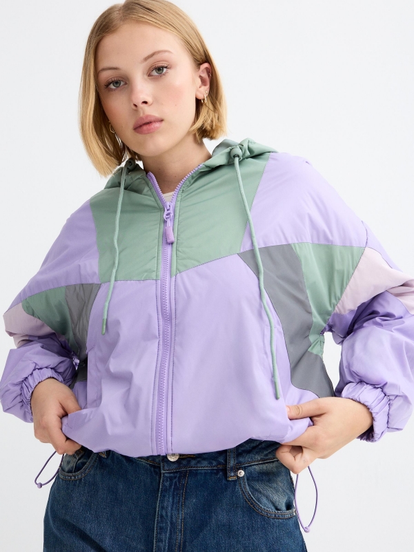 Nylon jacket color block purple mauve detail view