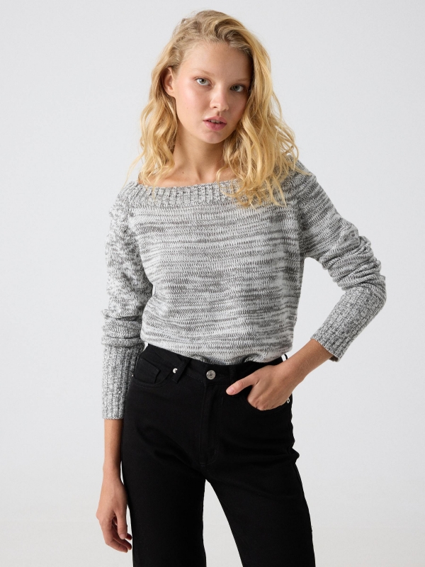 Marbled boat sweater melange grey middle front view